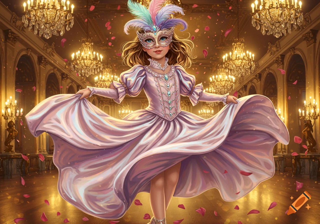 Vibrant illustration of a girl in a lavender gown and feathered mask dancing in a grand ballroom with falling rose petals.