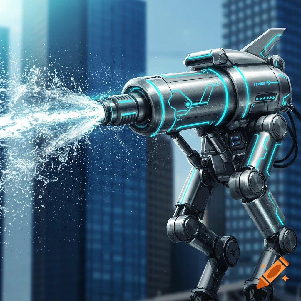 A futuristic robotic water cannon firing a powerful stream of water in a city environment.