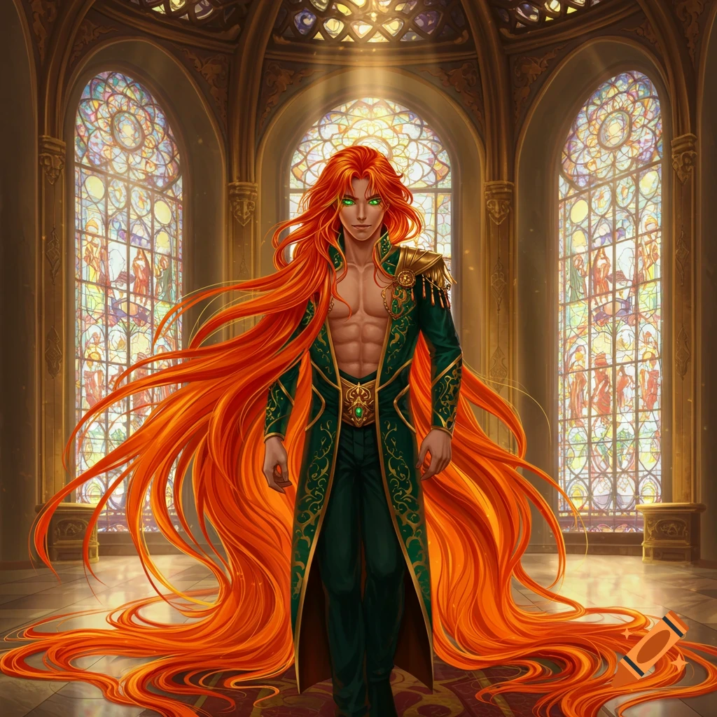 A handsome bishonen prince with long, vivid orange hair and neon green eyes, wearing a green and gold ornate coat unbuttoned to reveal his bare torso, stands in a grand hall with stained glass windows.