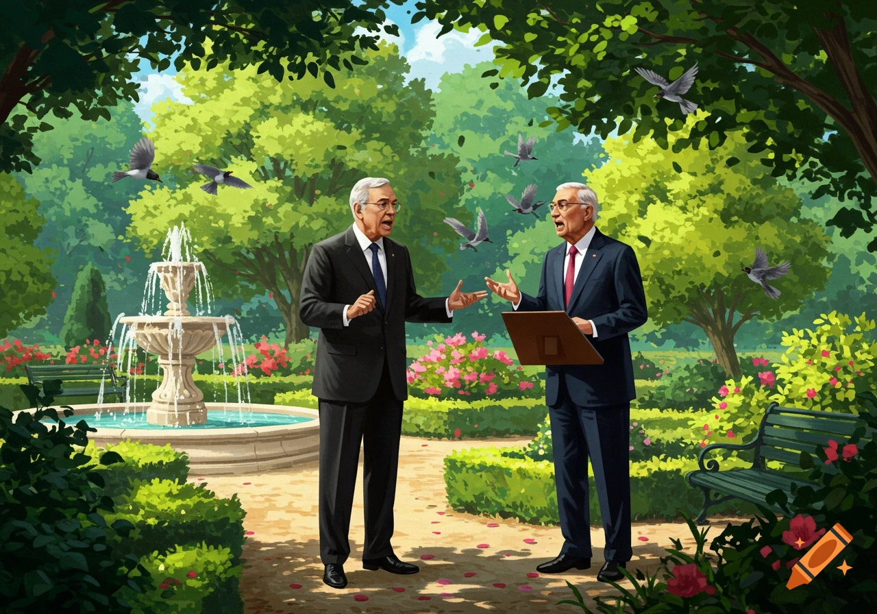 Illustrated scene of two men in suits debating in a lush public park with a fountain, benches, flowers, and birds flying.