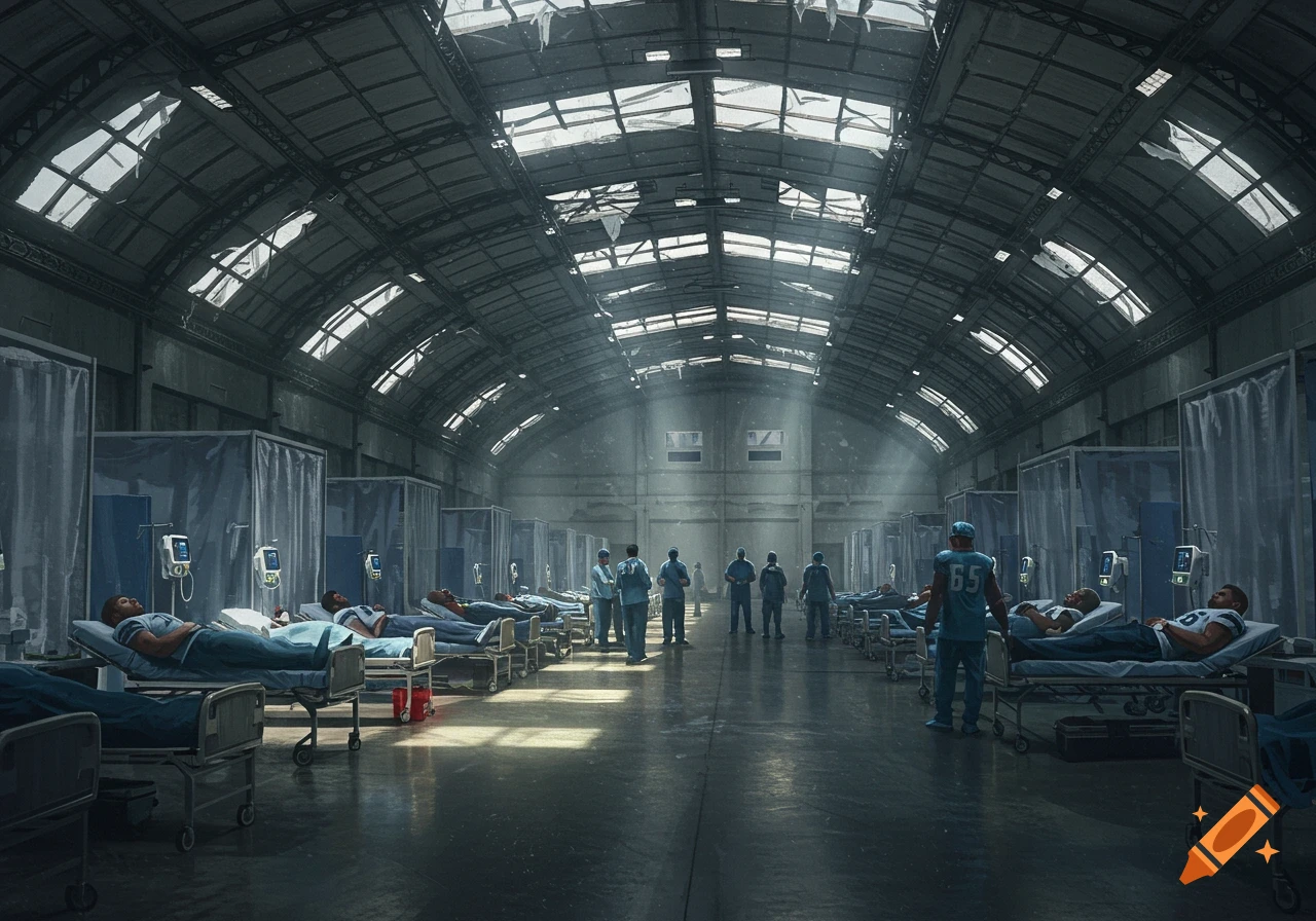 An injured football team lies in hospital beds across a large, dimly lit, ruined warehouse serving as a makeshift medical facility.