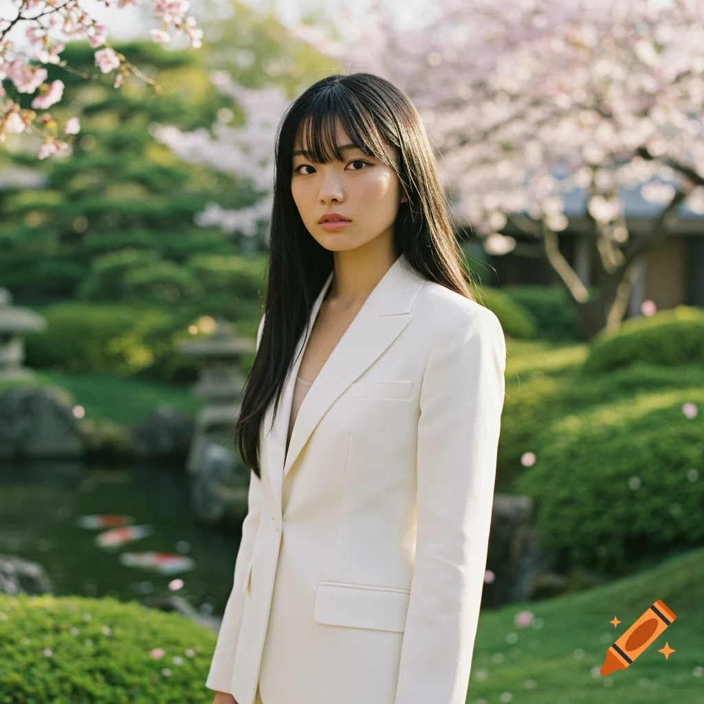 A young Japanese woman with long black hair and bangs wears a white suit in a sunny cherry blossom Japanese garden.