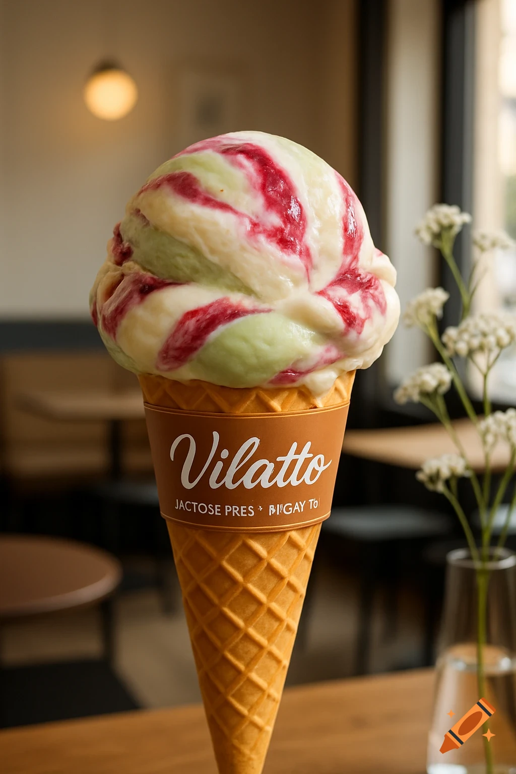A vibrant scoop of green, white, and red swirled ice cream in a waffle cone on a wooden table.