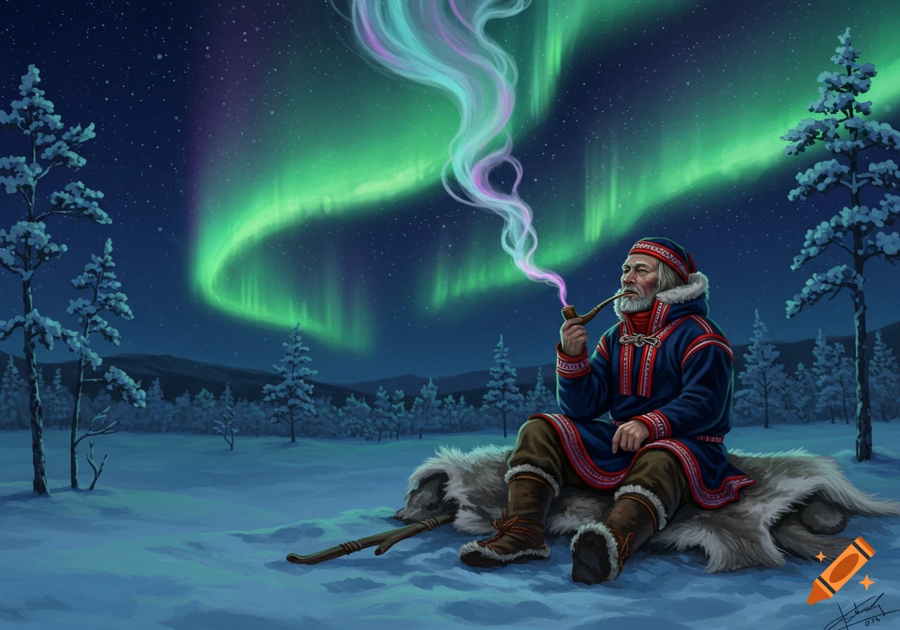 A Sami man smokes a pipe as its colorful smoke merges with the vibrant aurora borealis over a snowy winter landscape.