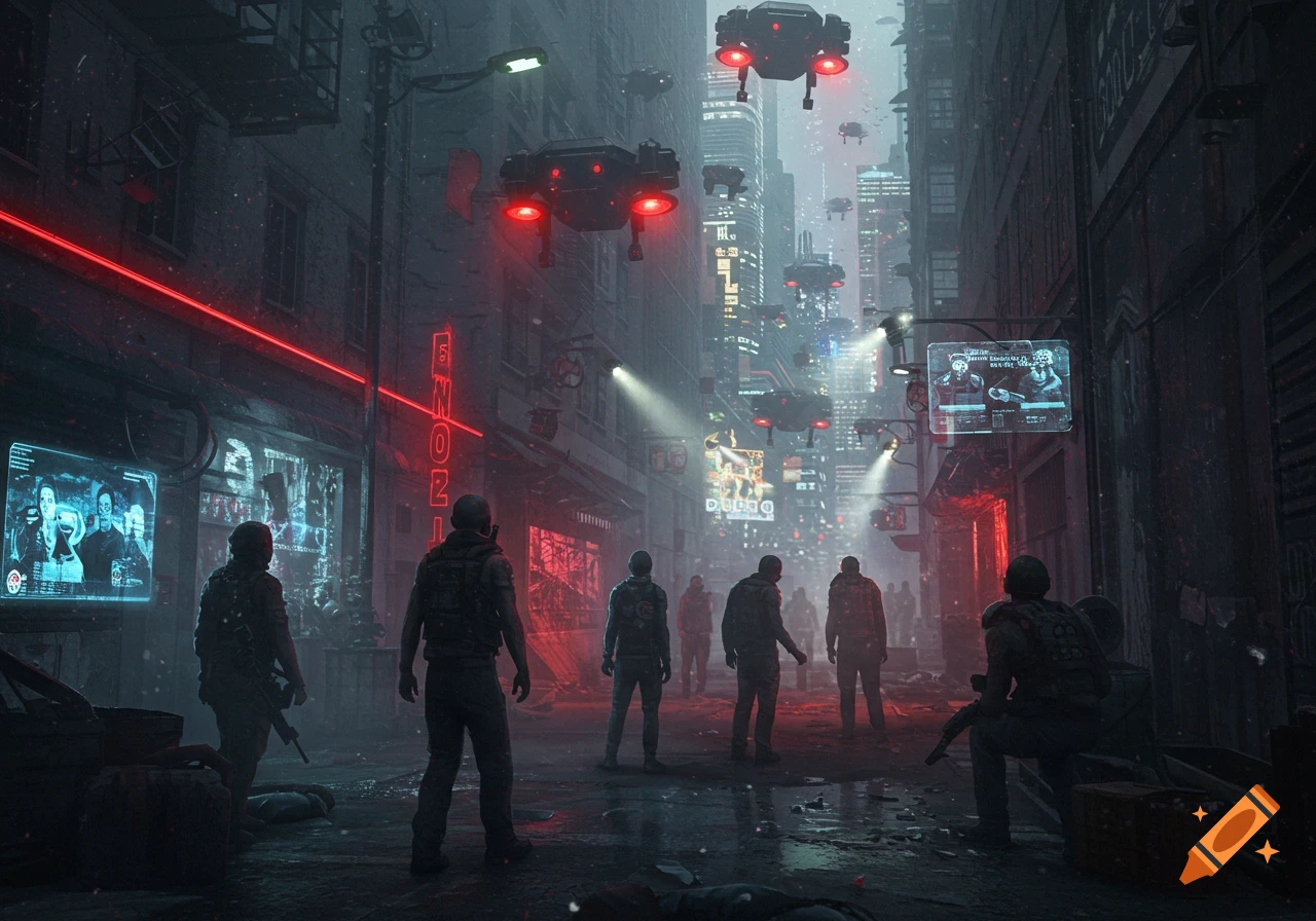 Soldiers look up at red-lit drones in a dark, wet, futuristic city street with neon signs.