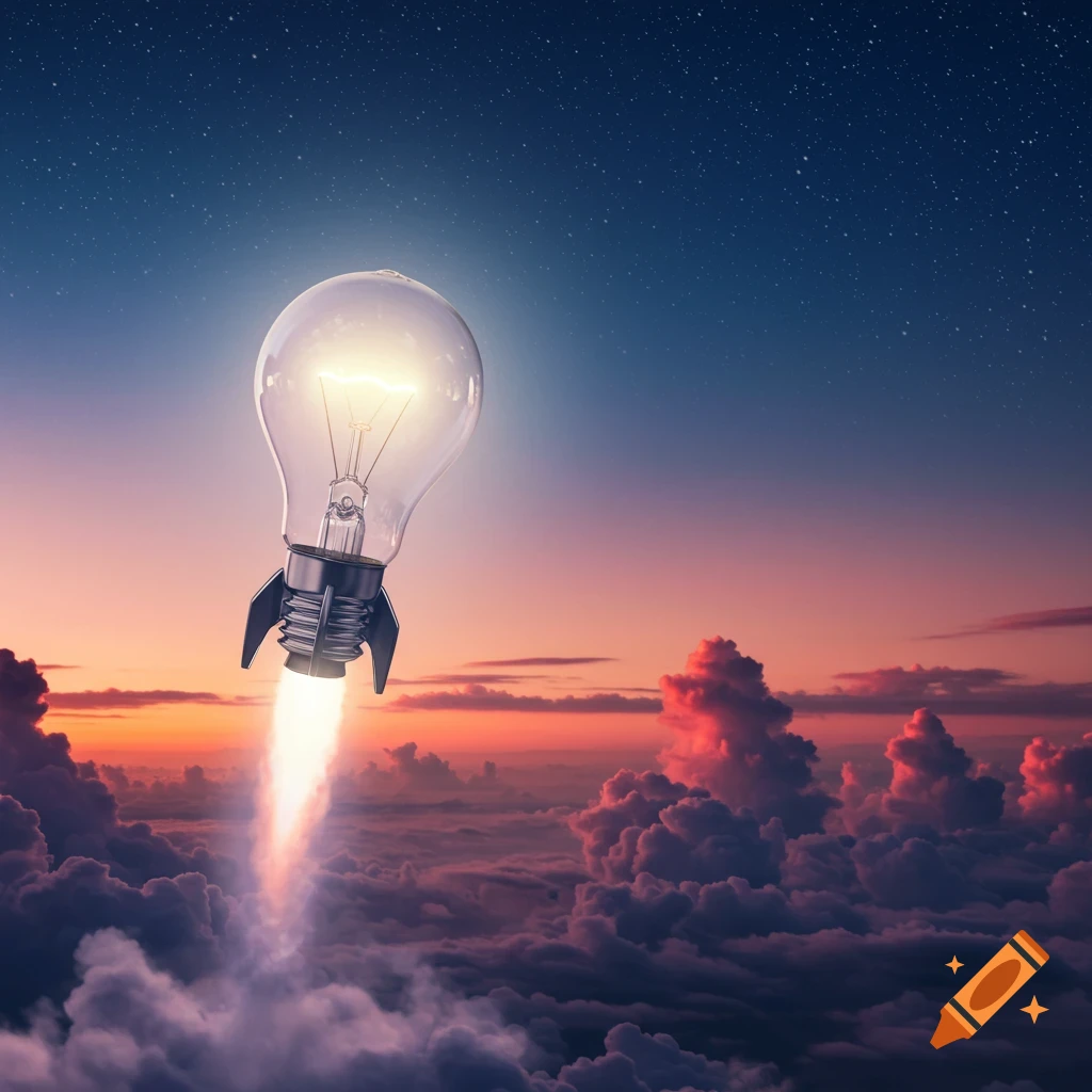 A glowing lightbulb shaped like a rocket launches through colorful clouds into a starry sky at sunset.