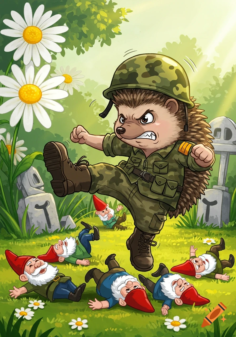 Cartoon hedgehog in army gear aggressively kicking down several garden gnomes in a grassy field with daisies.