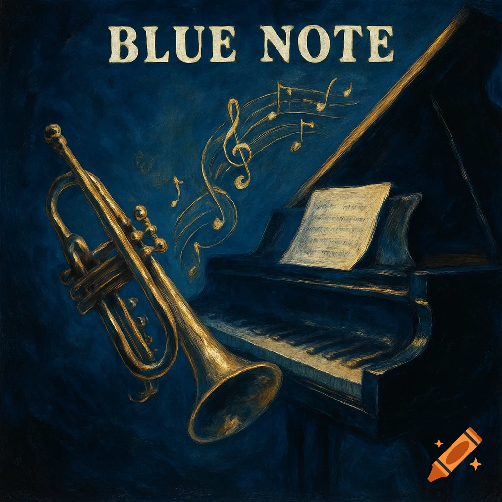 An oil painting style album cover featuring a gold trumpet and a dark blue piano with floating musical notes. 'BLUE NOTE' is written at the top.