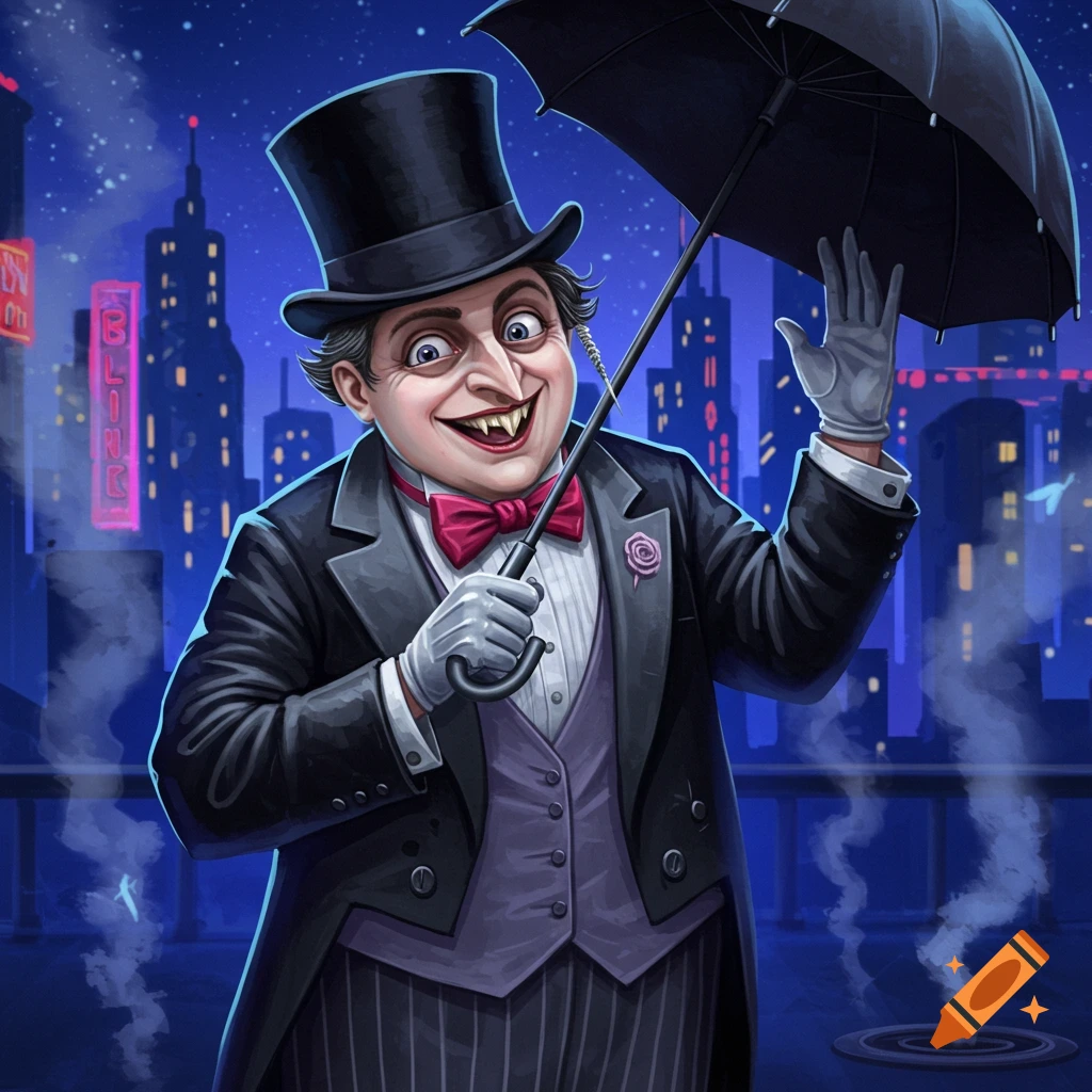 Cartoon illustration of the Penguin from Batman, wearing a top hat and tuxedo, holding an umbrella, smiling menacingly in a nighttime city scene with neon signs.