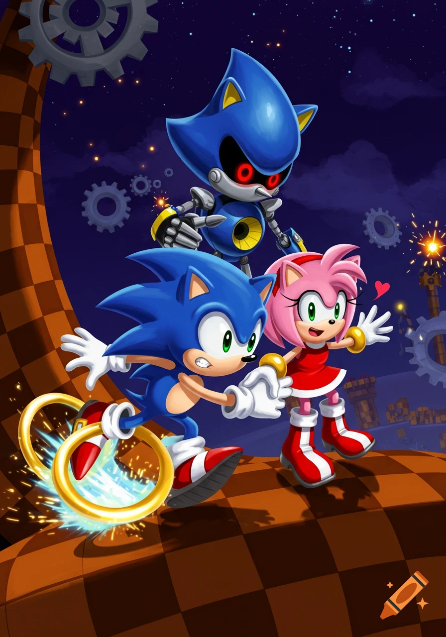Sonic and Amy run on a checkerboard loop, with Metal Sonic looming behind them against a starry, gear-filled sky.