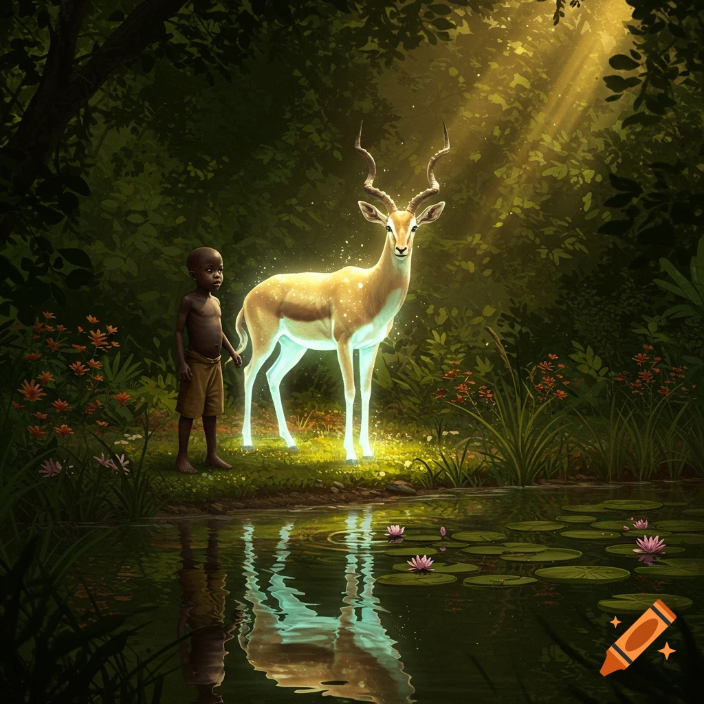 A young African boy stands by a pond next to a glowing, spiritual deer in a lush, sun-dappled forest.