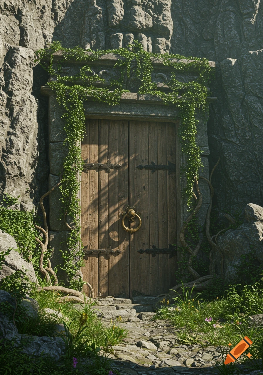 An ancient wooden door covered in vines, set into a rocky mountain, with a golden knocker and stone steps.