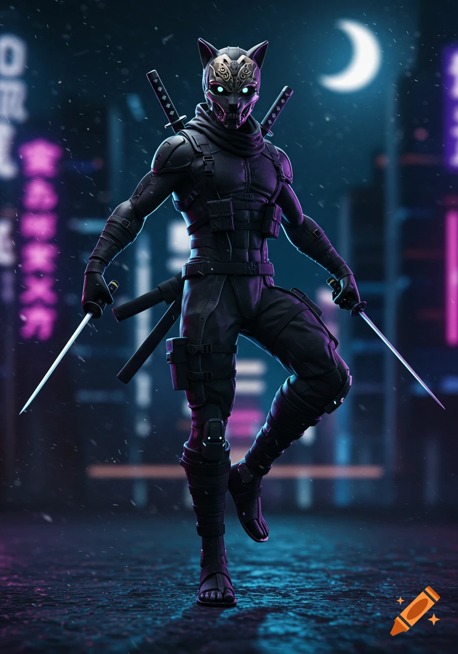 A stylized ninja-like character with a skull mask, glowing eyes, and two swords stands in a neon-lit cyberpunk city at night under a crescent moon.
