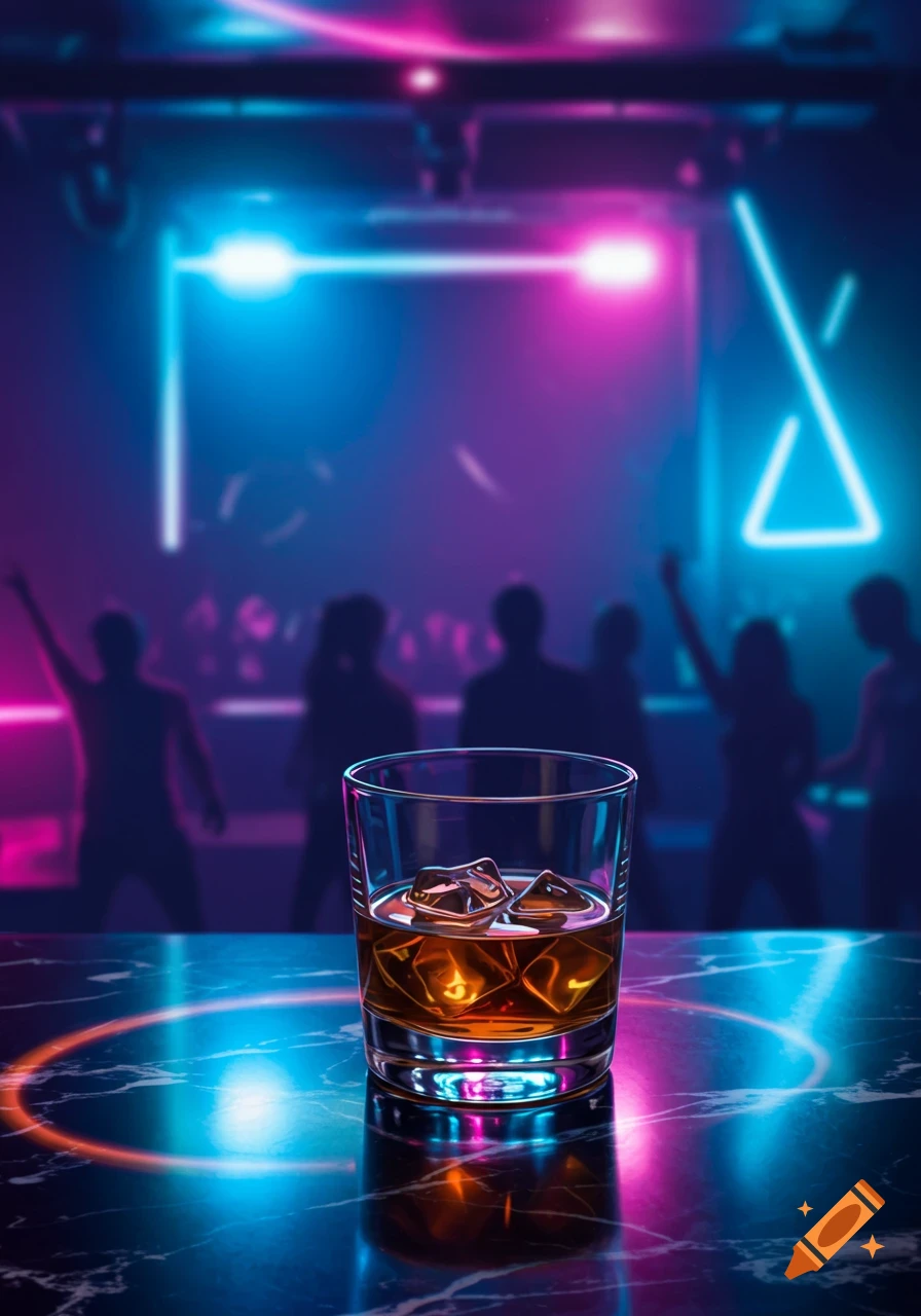 A glass of bourbon with ice on a marble bar in a neon-lit nightclub, with blurred silhouettes of dancers in the background.