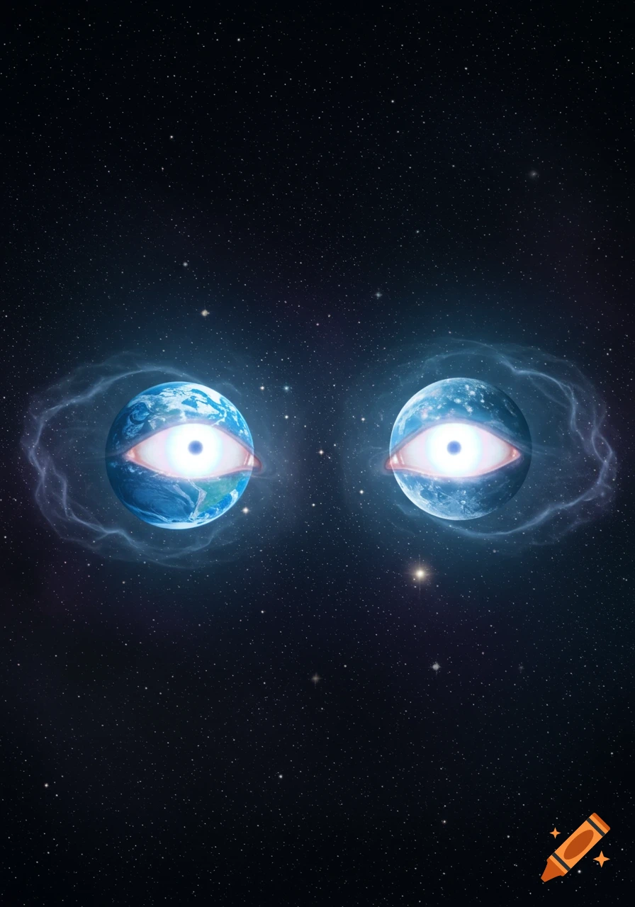 Two blue planet-like orbs, each featuring a large glowing eye, float in a dark starry space with faint nebulous wisps.