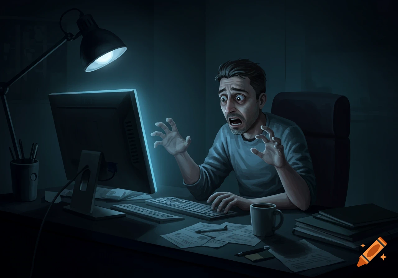 Digital art of a scared man staring wide-eyed at a glowing computer screen in a dark room.
