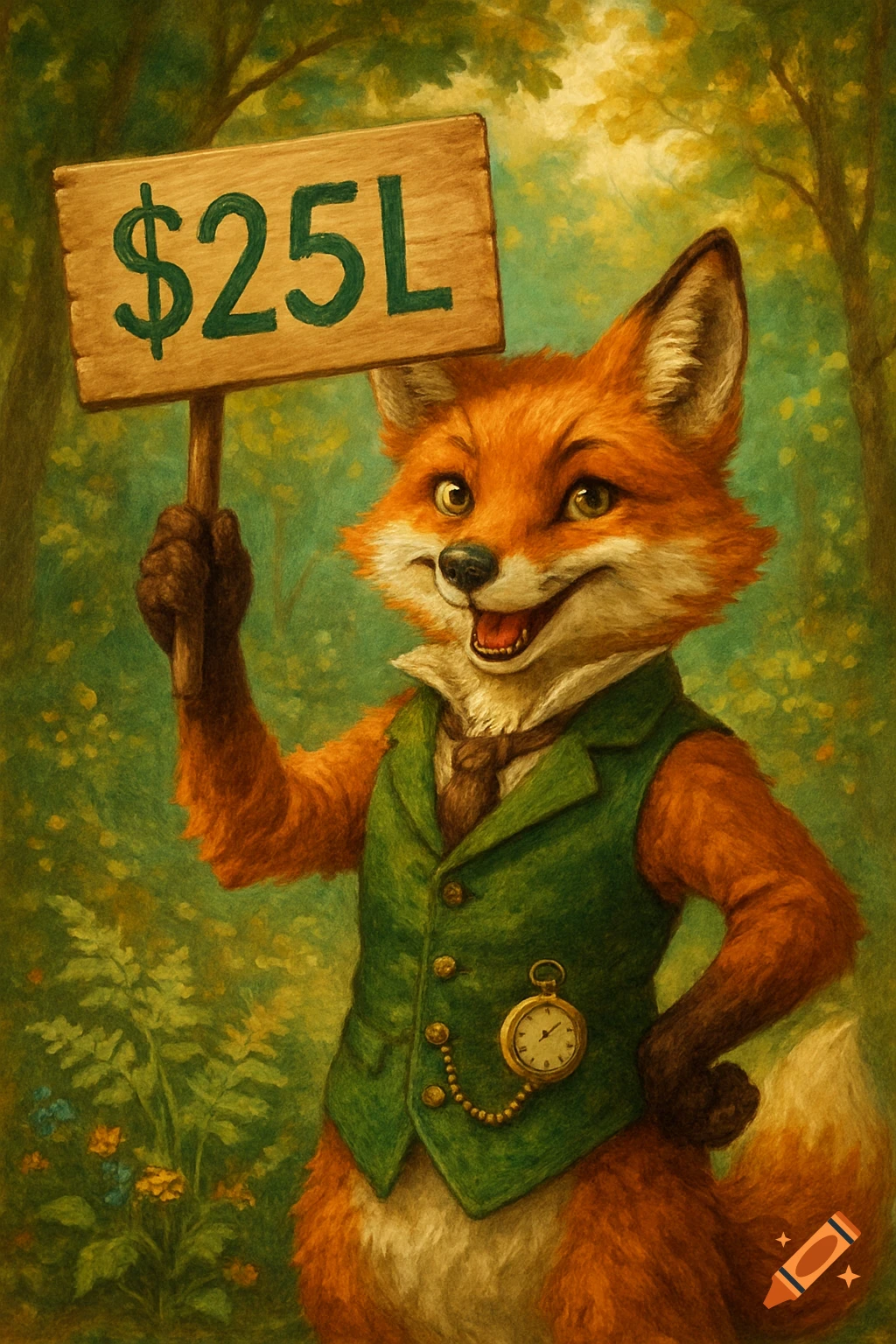 An anthropomorphic fox in a green vest with a pocket watch holds a wooden sign that reads "$25L" in a lush forest illustration.