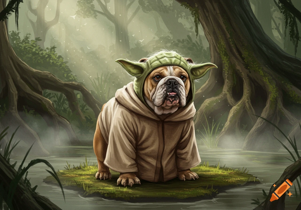 Digital illustration of an English bulldog dressed as Yoda, sitting on a grassy island in a misty, swampy forest.