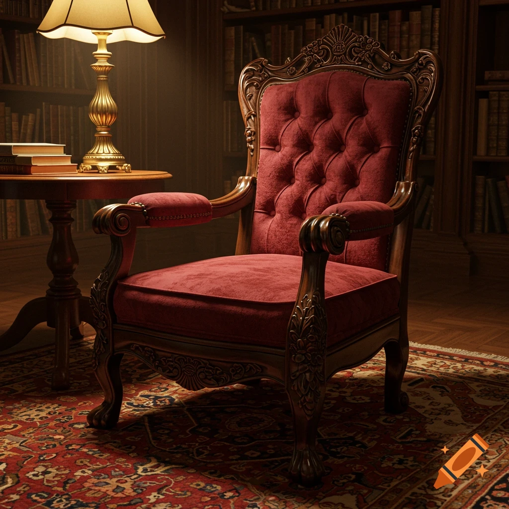 Photorealistic image of a vintage red velvet armchair in a dimly lit library with a lamp and books.