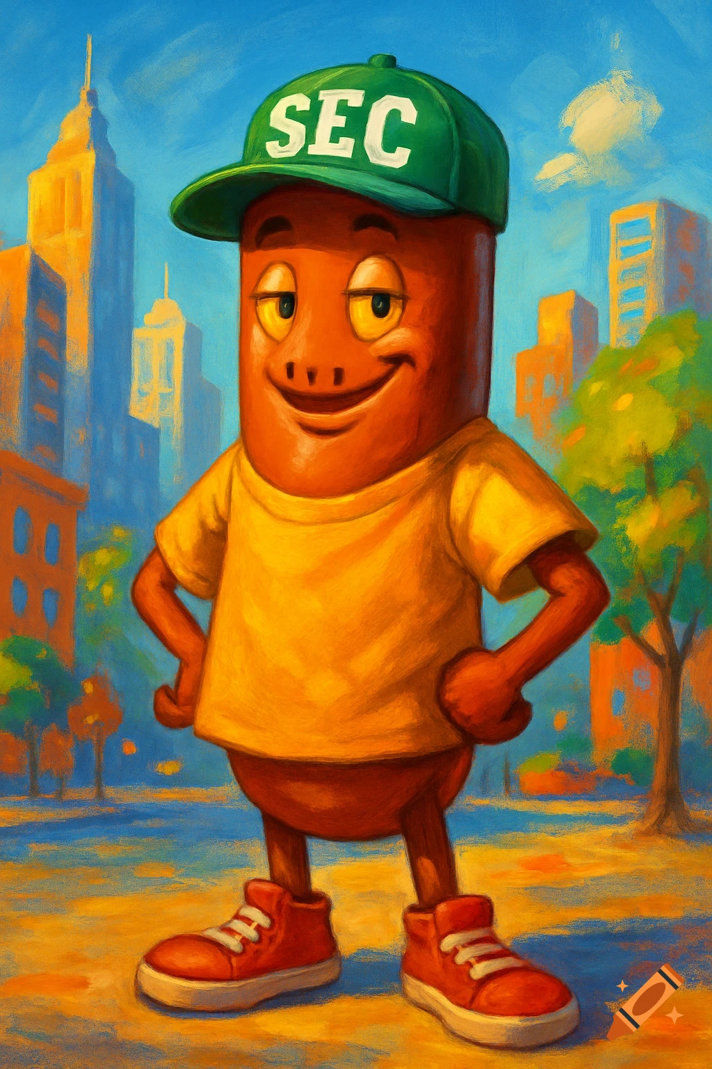 A cartoon hot dog man in a yellow shirt and red shoes, wearing a green baseball cap with "SEC" written on it, stands in a city street with tall buildings and trees.