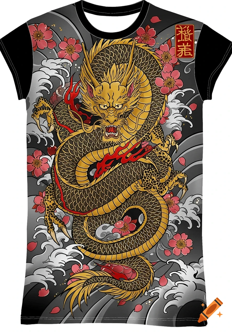 A gold and black Japanese Irezumi-style dragon on a T-shirt, surrounded by red cherry blossoms and gray waves, with red Japanese text.