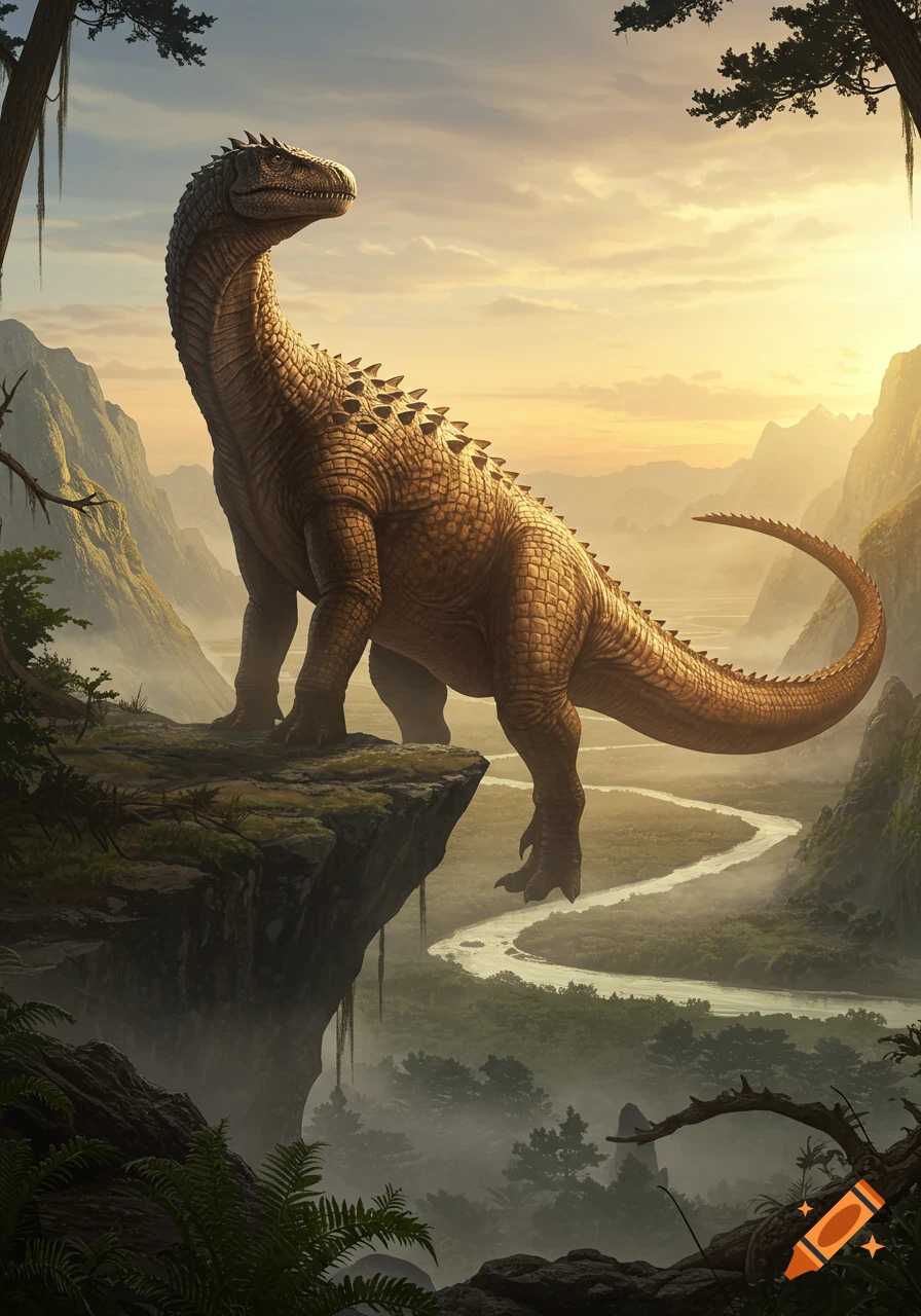A large armored dinosaur with spikes stands on a cliff overlooking a misty river valley at sunrise, photorealistic style.