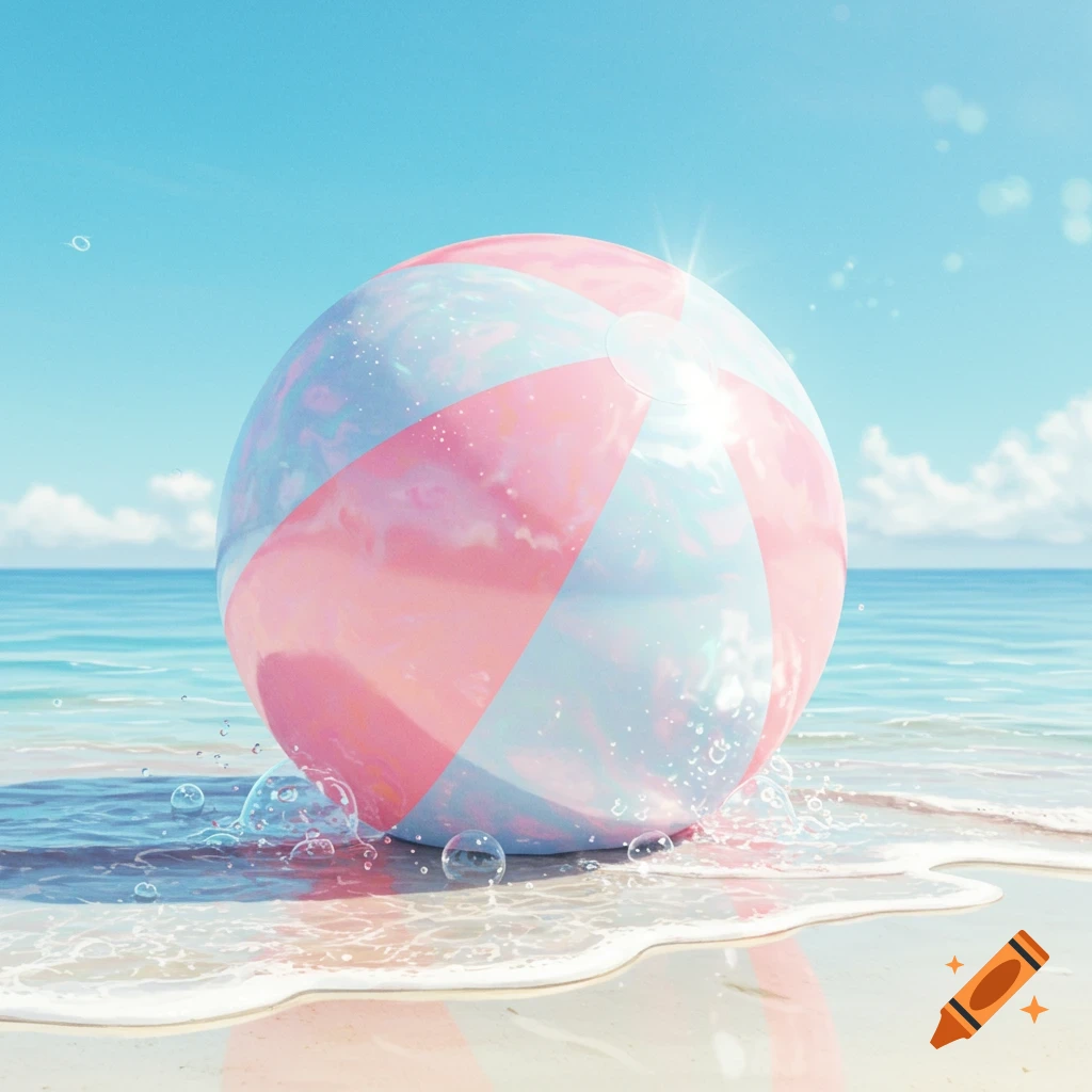 Pink and blue iridescent beach ball on a sandy beach with gentle waves under a clear blue sky.