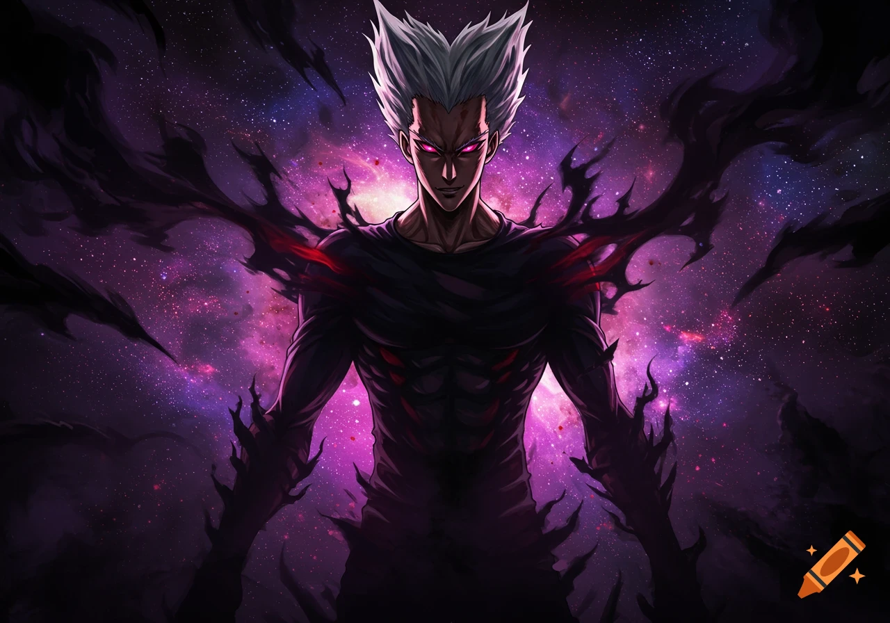Anime character Garou with spiky white hair, glowing red eyes, and a dark aura against a cosmic purple background.
