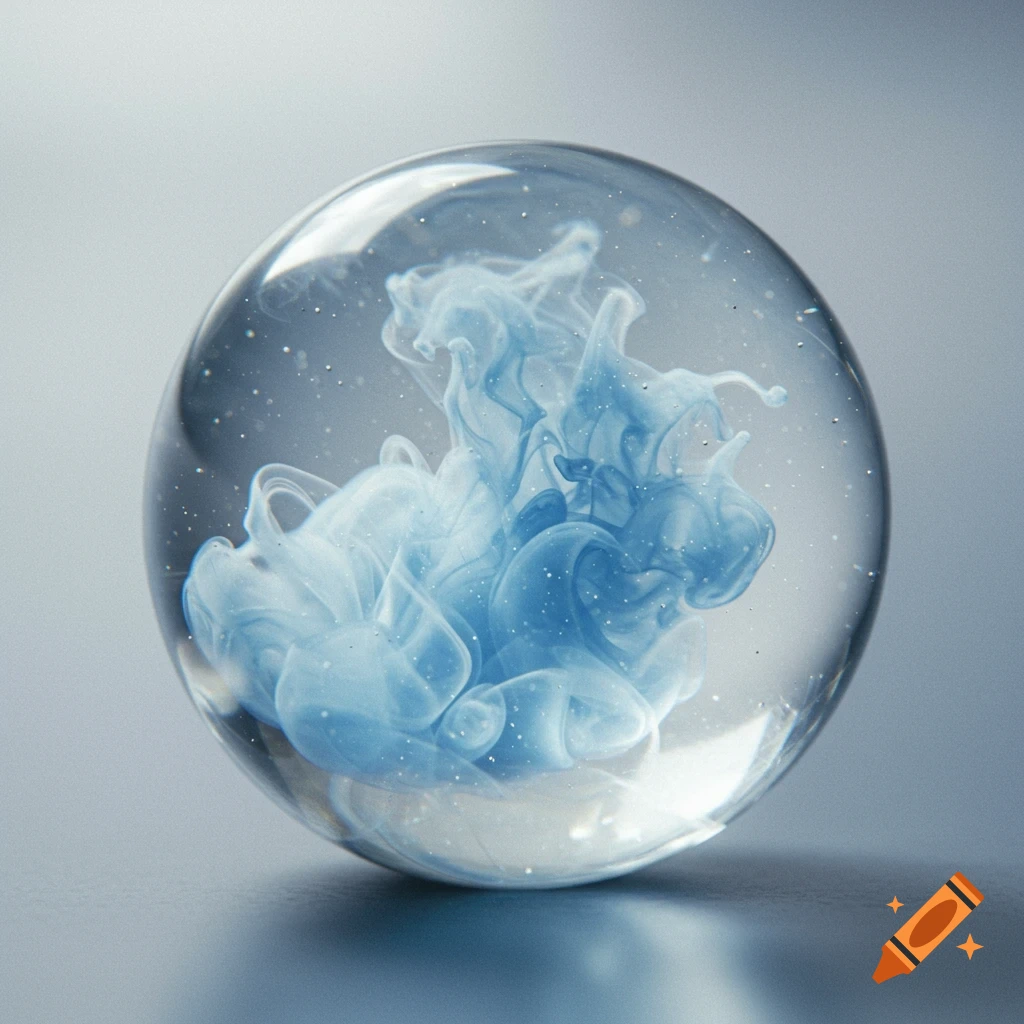 A crystal clear marble with swirling light blue and white wisps of ink inside, set against a soft grey background.