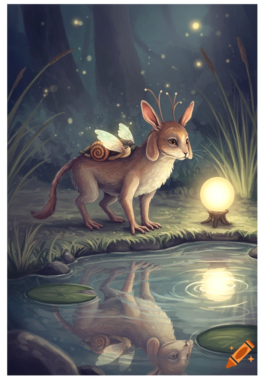 A whimsical brown rabbit-like creature with antennae and a winged snail on its back stands by a glowing orb next to a reflective pond in a dark, magical forest.
