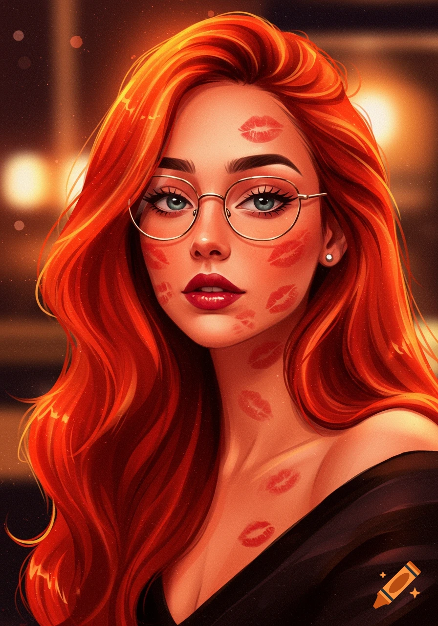 Vibrant digital art portrait of a red-haired woman in glasses with kiss marks on her face and neck.