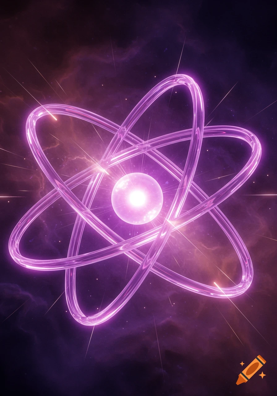 A vibrant 3D rendering of a glowing purple atom model with orbiting rings against a dark, nebulous space background.