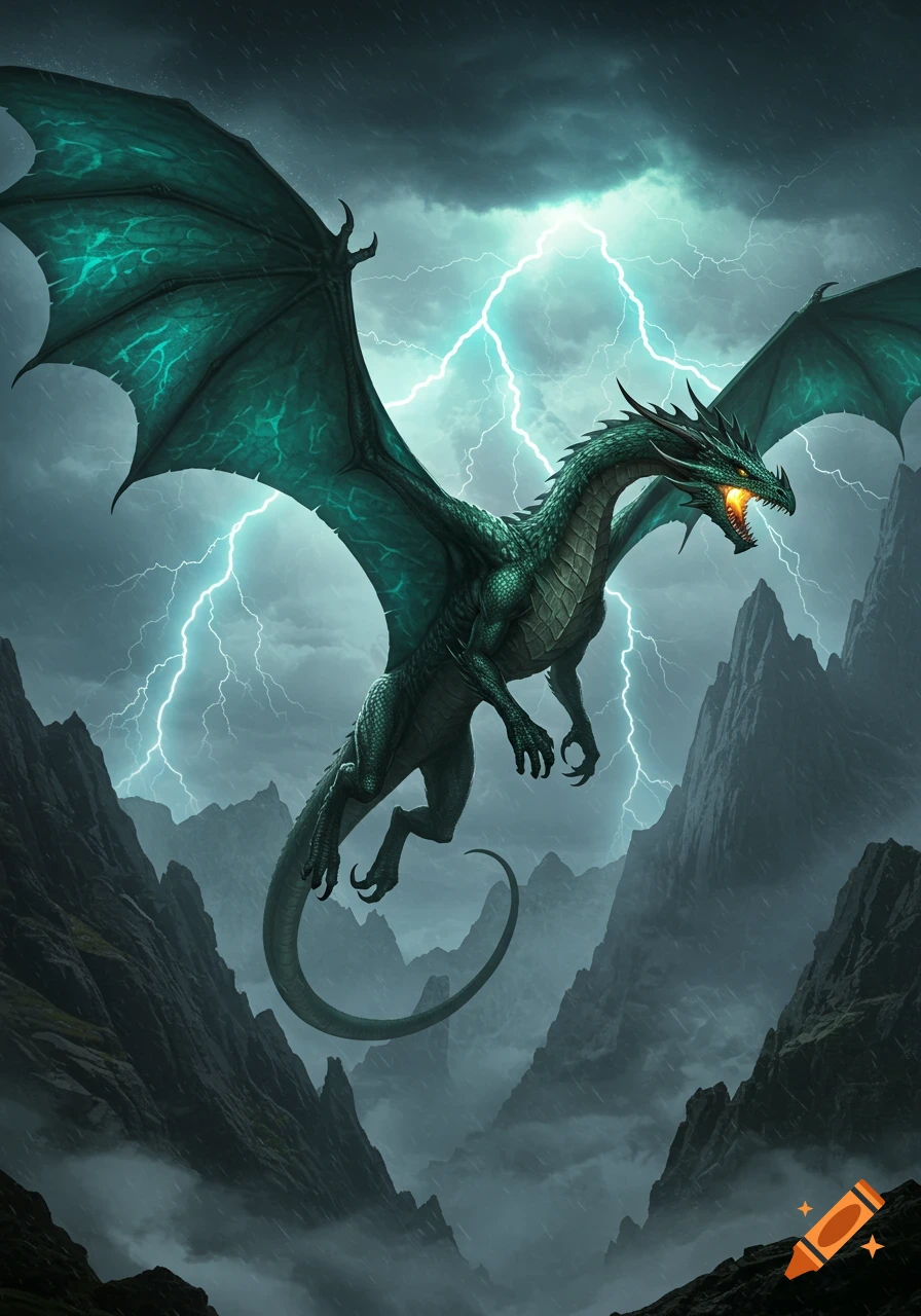 A majestic green dragon with glowing eyes and fiery breath flies through a stormy mountain landscape with bright lightning.