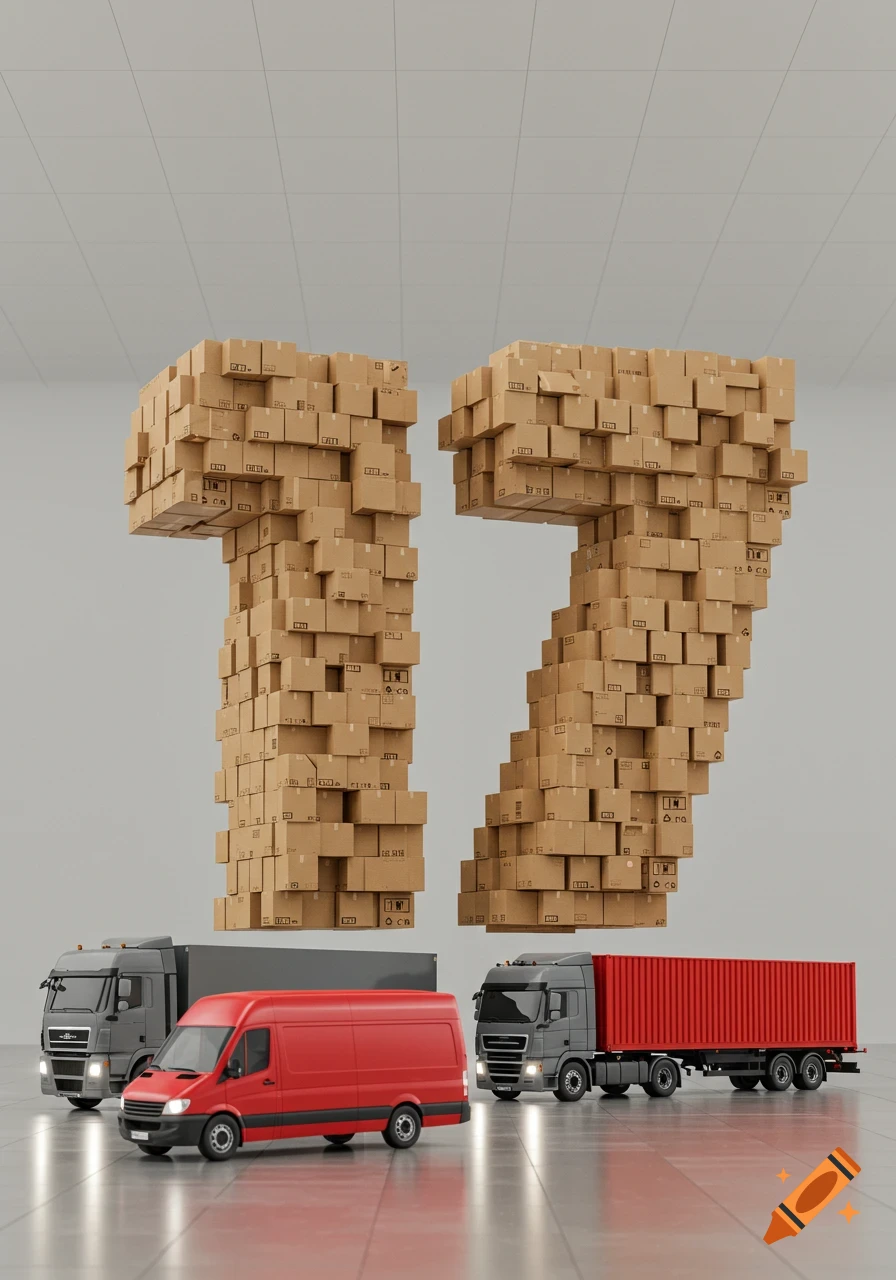 A 3D render showing the number 17 formed by stacked cardboard boxes, with two gray trucks and a red delivery van in the foreground.