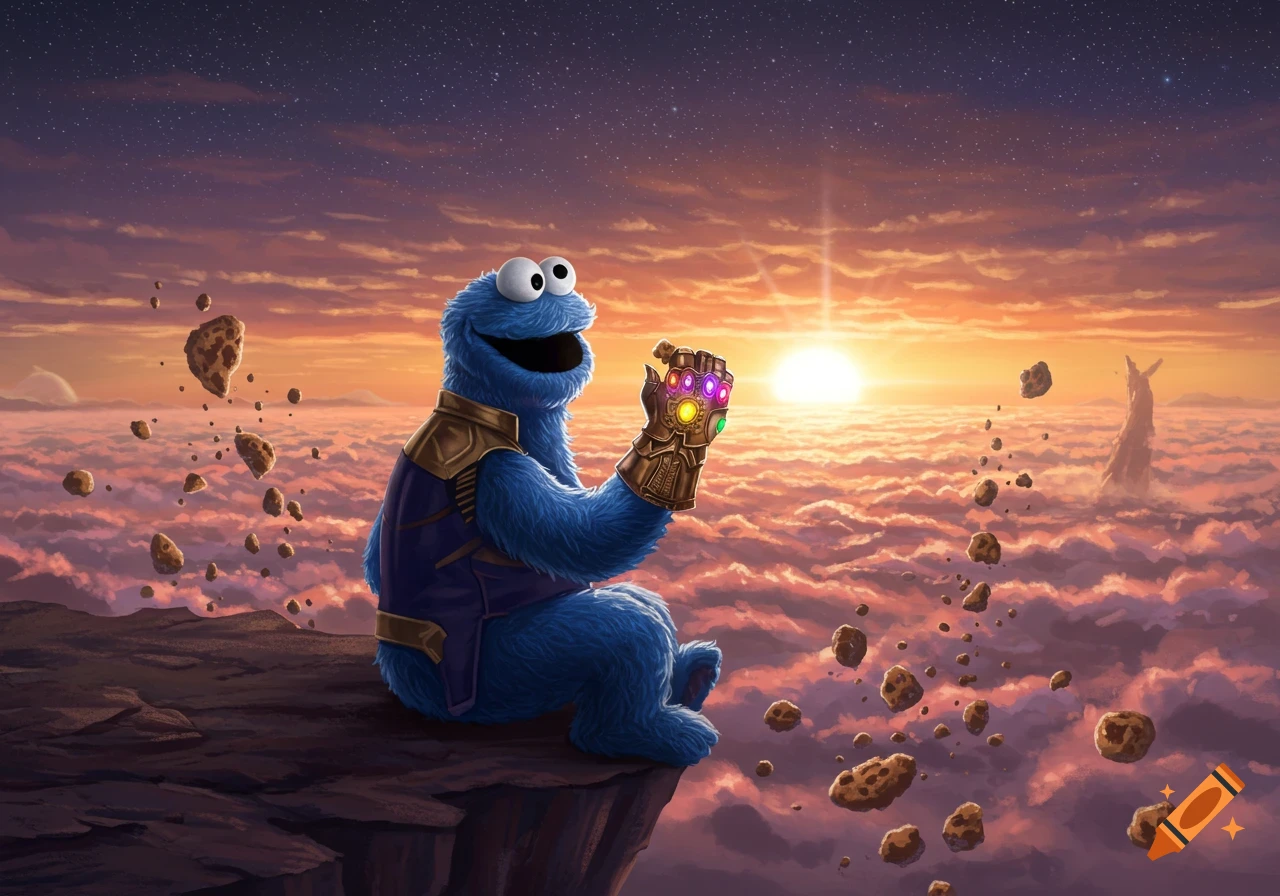 Cookie Monster dressed as Thanos sits on a cliff, holding the Infinity Gauntlet, watching a sunrise over clouds with cookies floating around.