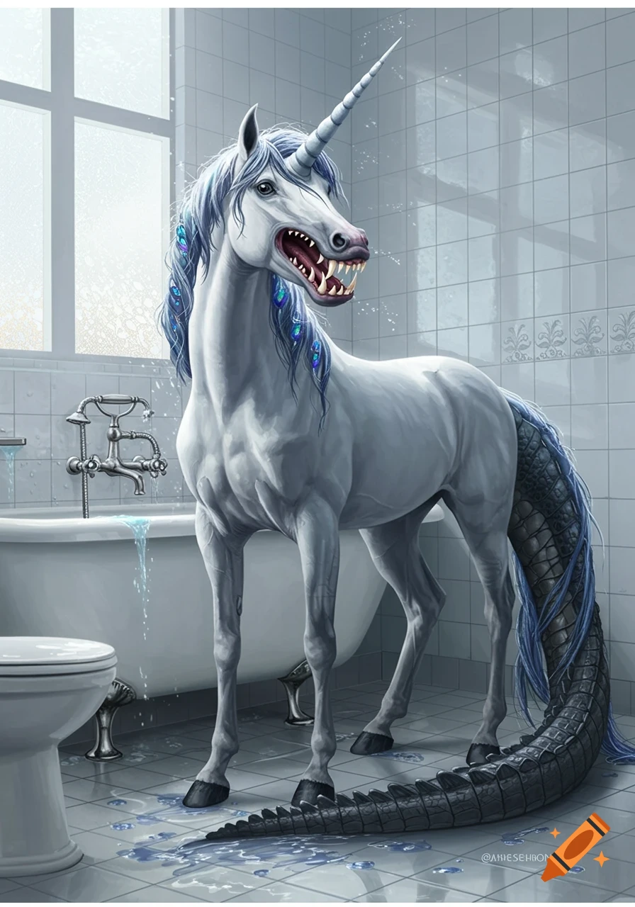 A white unicorn with blue mane, dragon teeth, and a dark crocodile tail stands in a tiled bathroom with a running bathtub and toilet.