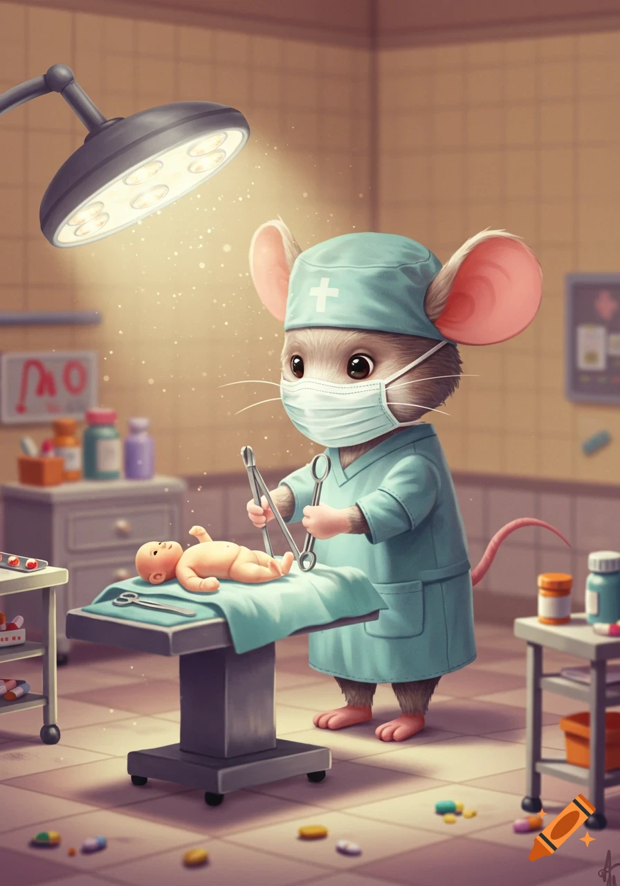 A cute cartoon mouse surgeon in scrubs and mask holds surgical tools over a baby doll on an operating table.