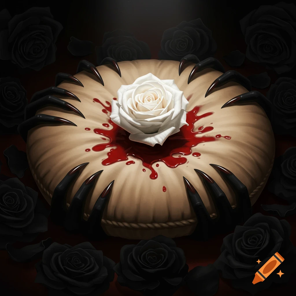 A white rose bleeds red onto a beige cushion surrounded by black clawed hands and dark roses, rendered in a gothic art style.