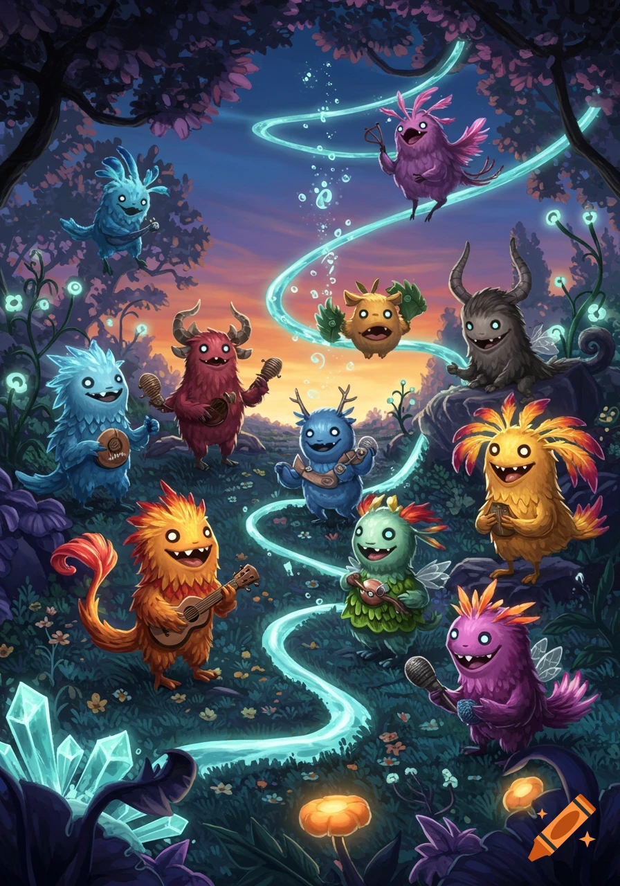 A group of colorful, friendly cartoon monsters playing various instruments in a magical, glowing forest.