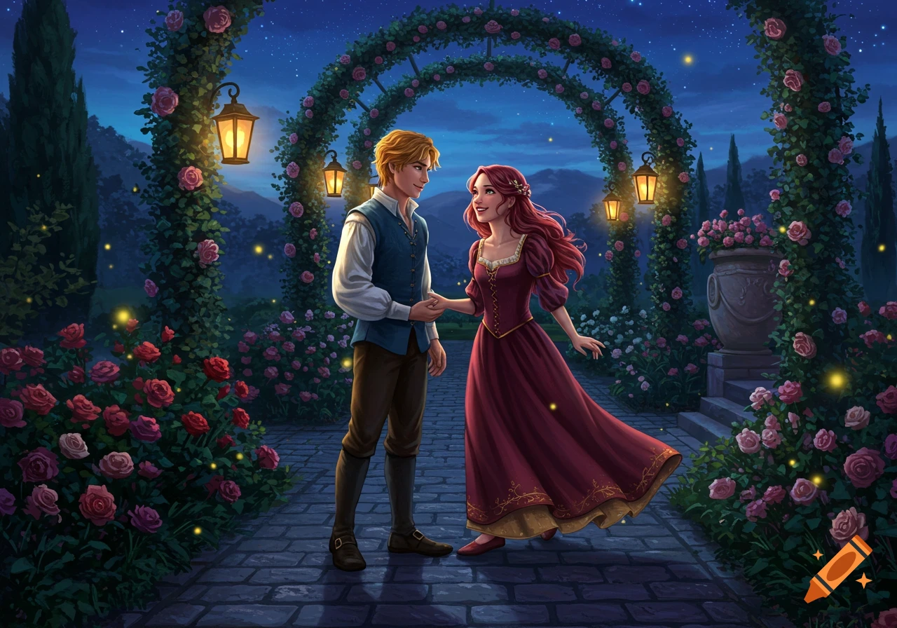 A man and a woman hold hands in a romantic, moonlit rose garden with lanterns and fireflies in an illustration.