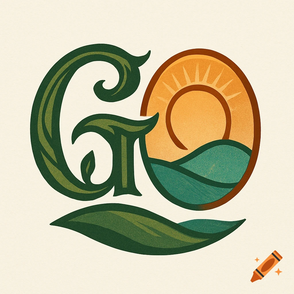 A stylized logo features a decorative green 'G' and a circular 'O' depicting a sun rising over green hills, with a textured, retro aesthetic.