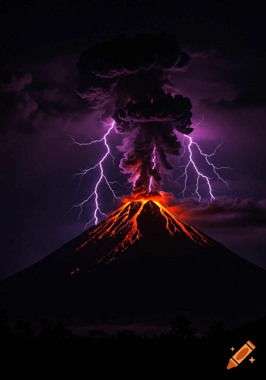 A dark night scene with a volcano erupting, showing bright lava flows, dark smoke, and purple lightning bolts in the sky.