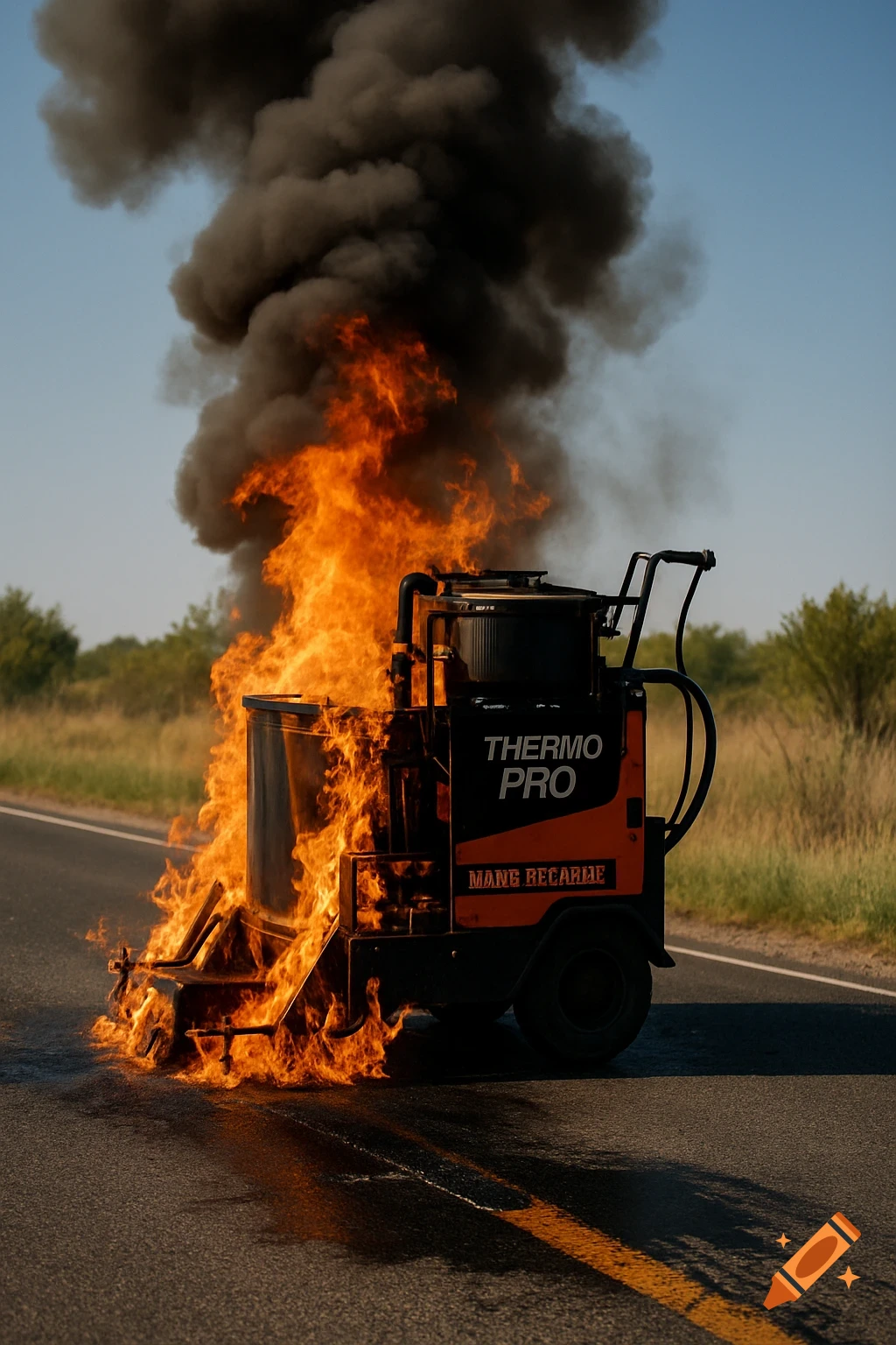 A road line marking machine is engulfed in flames and emitting thick black smoke on the side of a rural road.