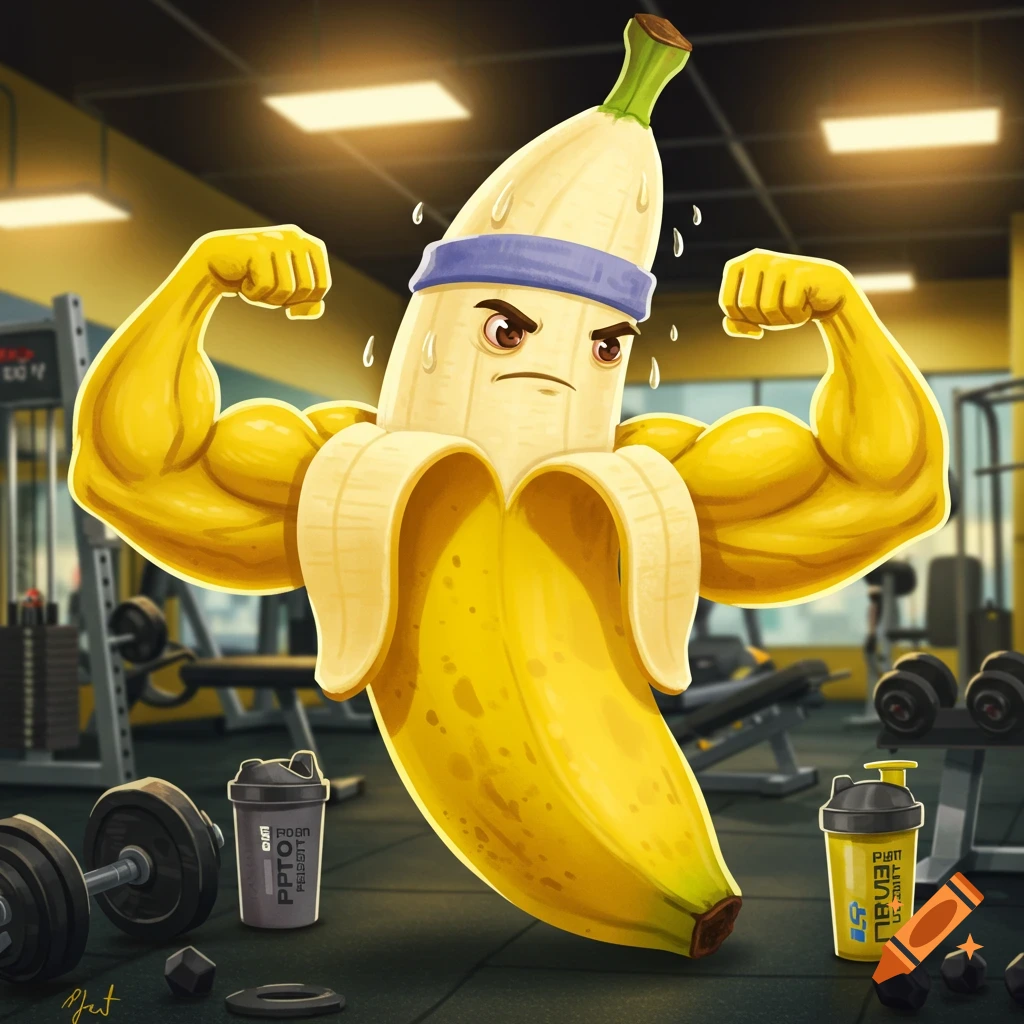 A cartoon muscular banana with a blue headband flexes in a gym, with weights and protein shakers on the floor.
