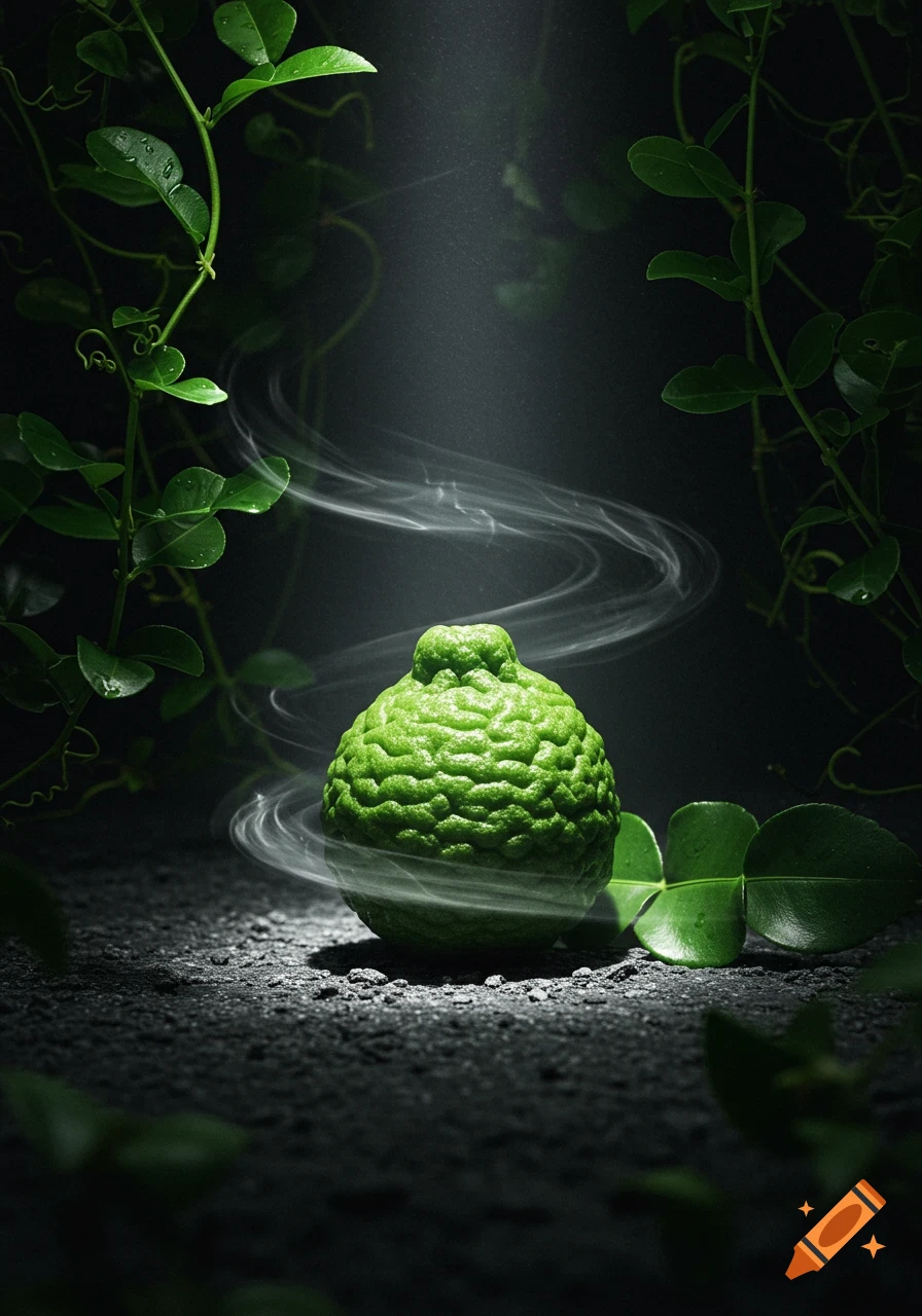A textured green bergamot fruit with wisps of smoke, spotlit in a dark botanical setting with lush green vines.