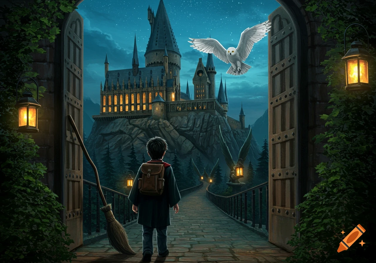 A young boy on a bridge gazes at a majestic fantasy castle, with a snowy owl flying overhead and a broomstick nearby at night. Illustration.