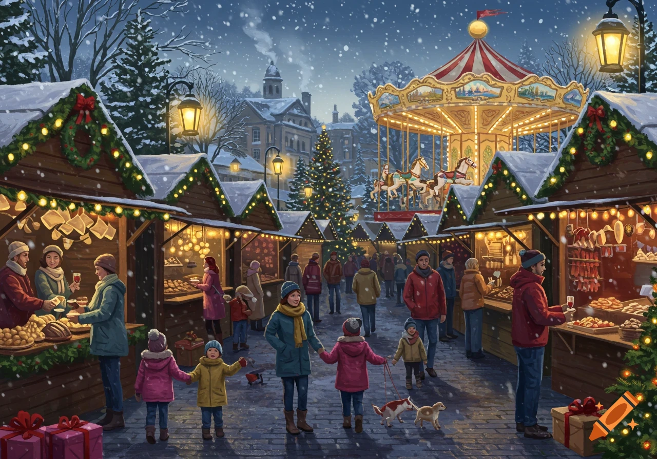 An illustrated winter holiday market scene at night, with snow falling on festive stalls, people browsing, and a lighted carousel.