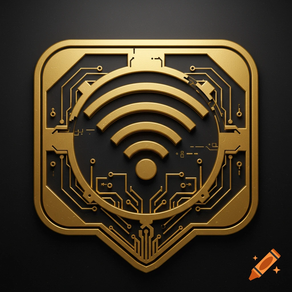 A shiny gold emblem with circuit board patterns features a prominent Wi-Fi symbol on a black background.