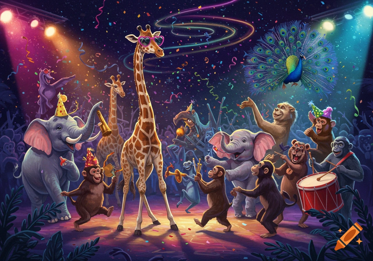 Cartoon animals like giraffes, elephants, and monkeys celebrate at a vibrant party with confetti and colorful lights.