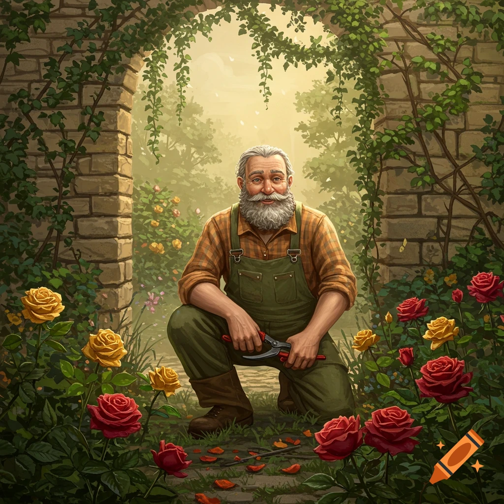 A smiling, white-bearded gardener in overalls crouches among red and yellow roses, holding pruning shears, under a leafy archway.